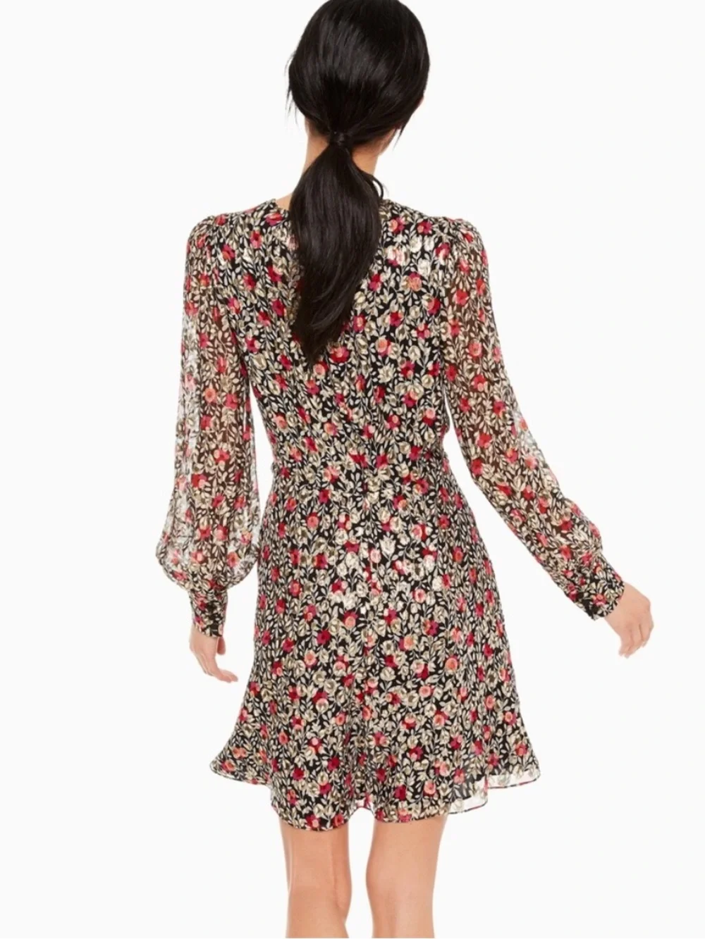 Kate Spade Floral Park Clip Dot Dress Size 6 Silk Long Sleeve Red Gold Black